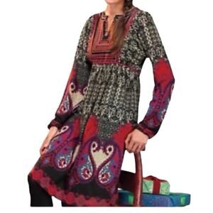 sahalie dress xs petite boho dress peasant extra small red blue braid long sleev